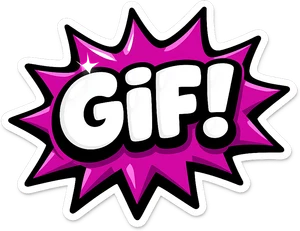 Magenta comic-burst die-cut sticker reading GIF!